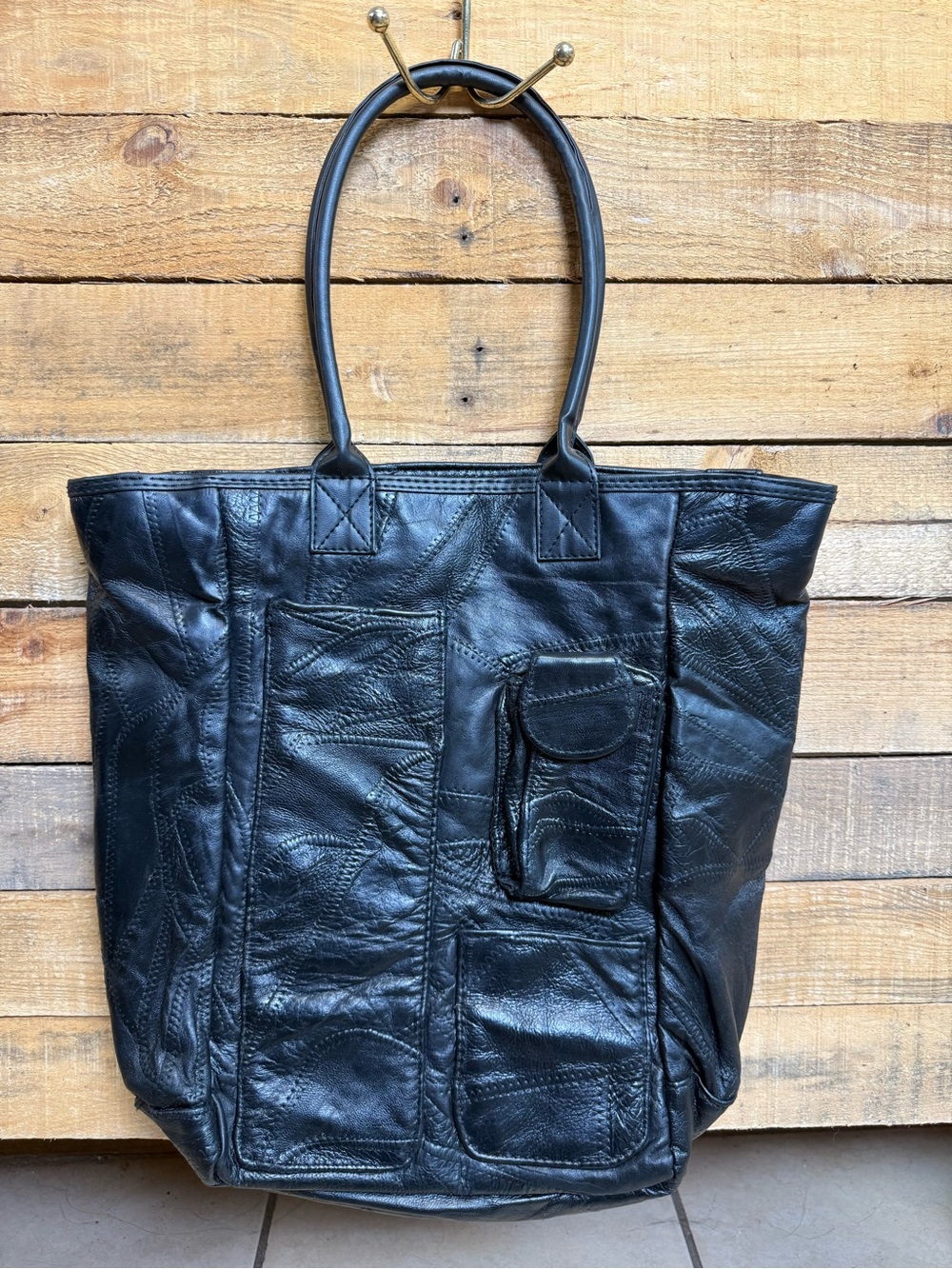 Vintage Black Patchwork Tote Bag Multi Pocket Grunge Utility Shoulder Purse